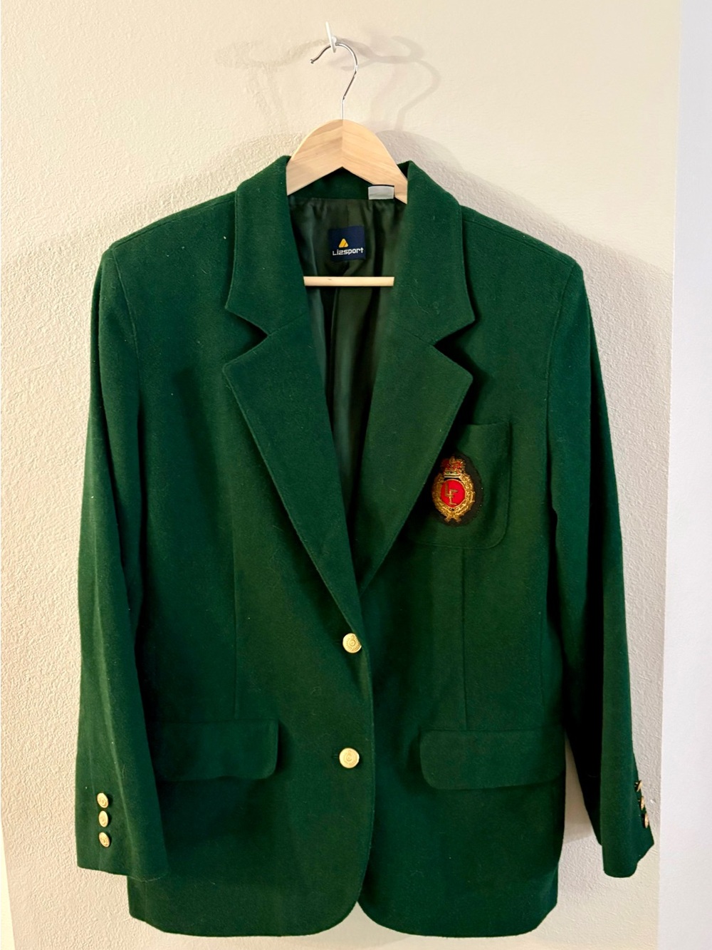 Vintage Liz Sport Forest Green Crest wool blend Blazer with Gold Buttons size 8